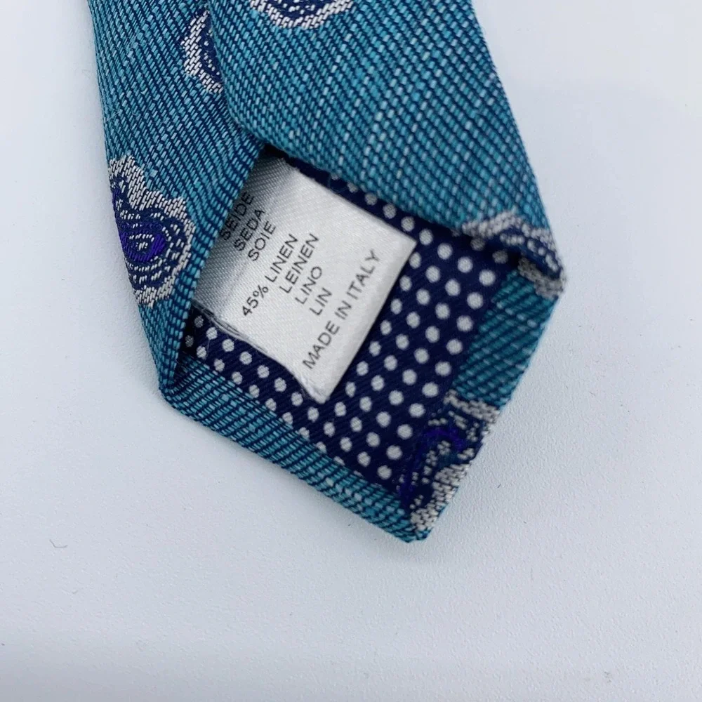 Eton Tie Mens One Size Teal Blue Paisley Silk Linen Necktie Made Italy